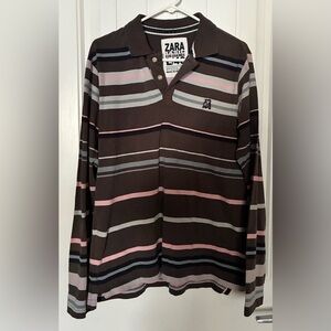 Zara Men's Long Sleeve Shirt with Brown and Pink Stripes